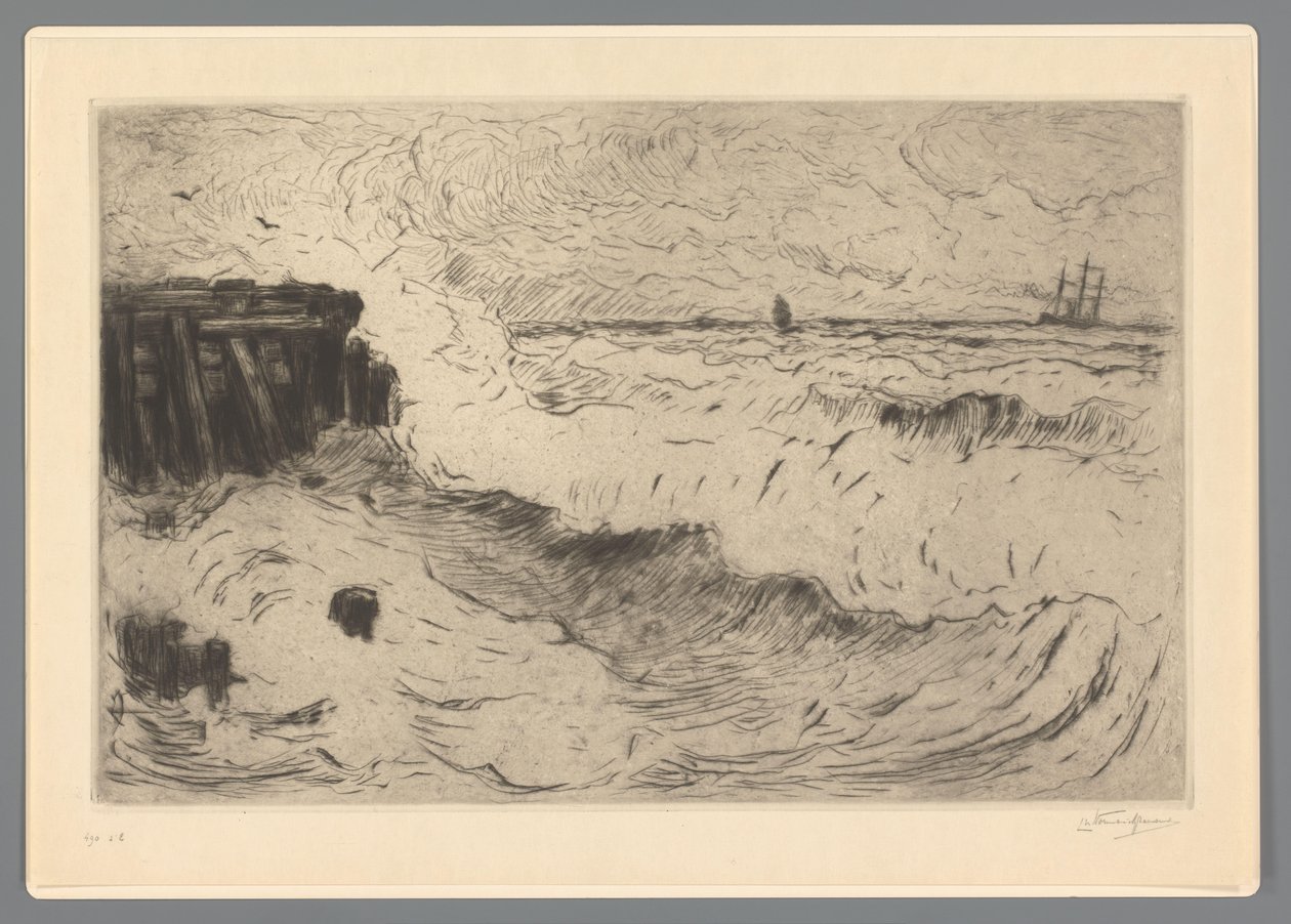 Vilda hav med ett segelfartyg vid en brygga av Carel Nicolaas Storm van 