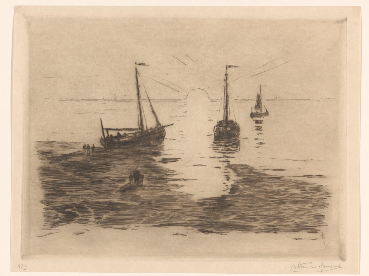 Havslandskap med segelbåtar och solnedgång Solnedgång (titel på objekt) av Carel Nicolaas Storm van 