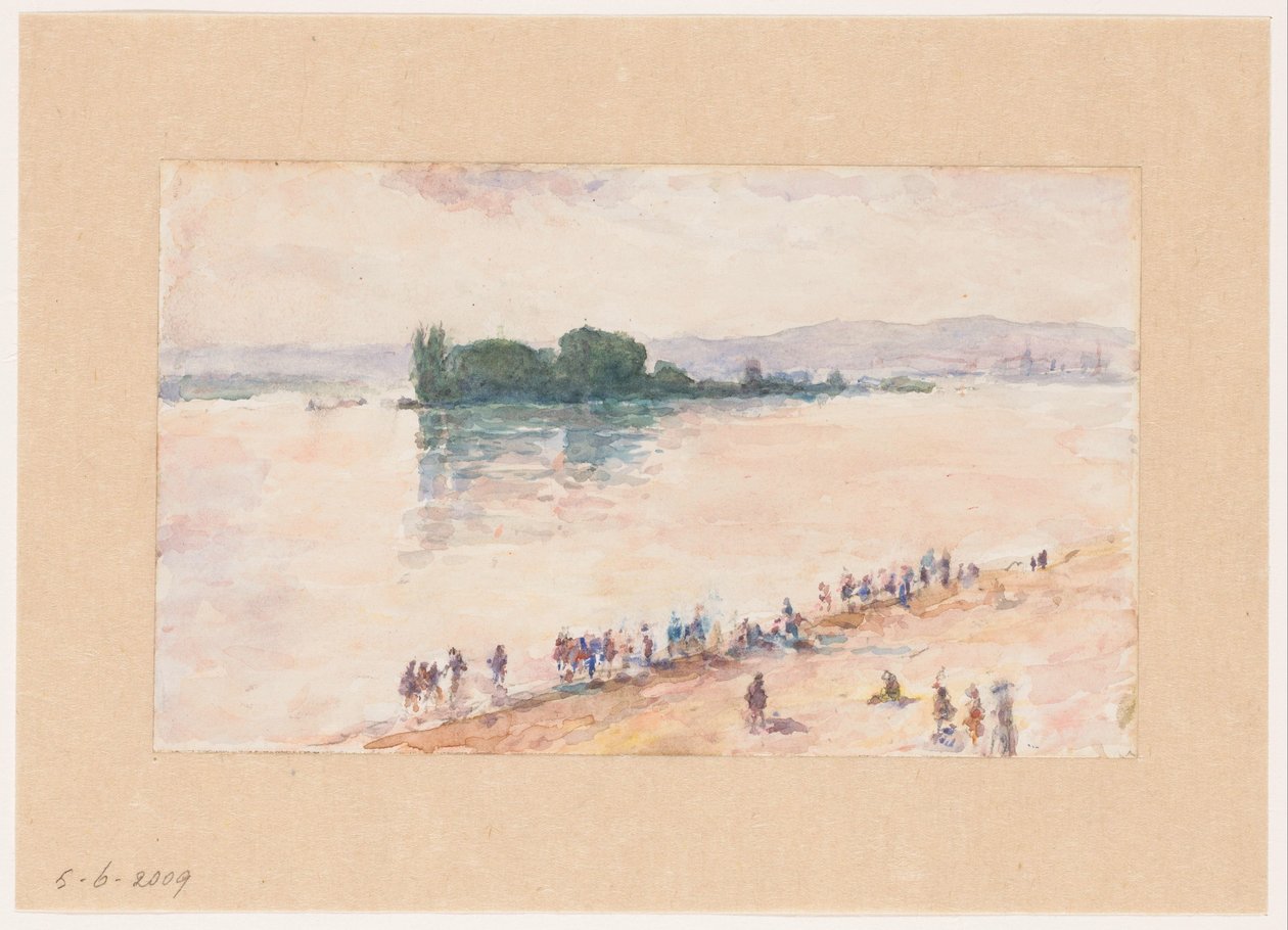Utsikt från stranden över en flods fulla bredd av Carel Nicolaas Storm van 