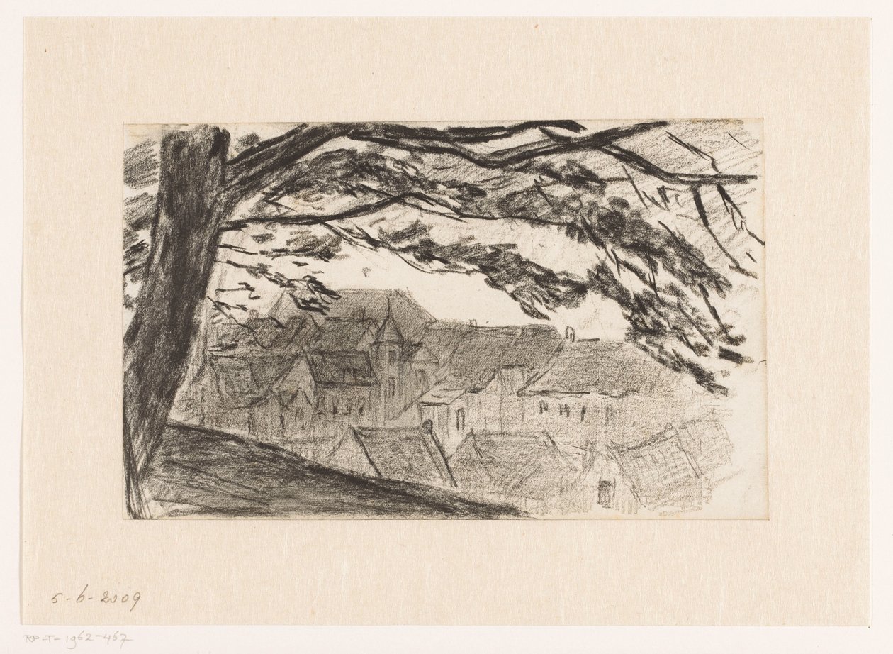 Stadsbild av Kleve med träd i förgrunden av Carel Nicolaas Storm van 