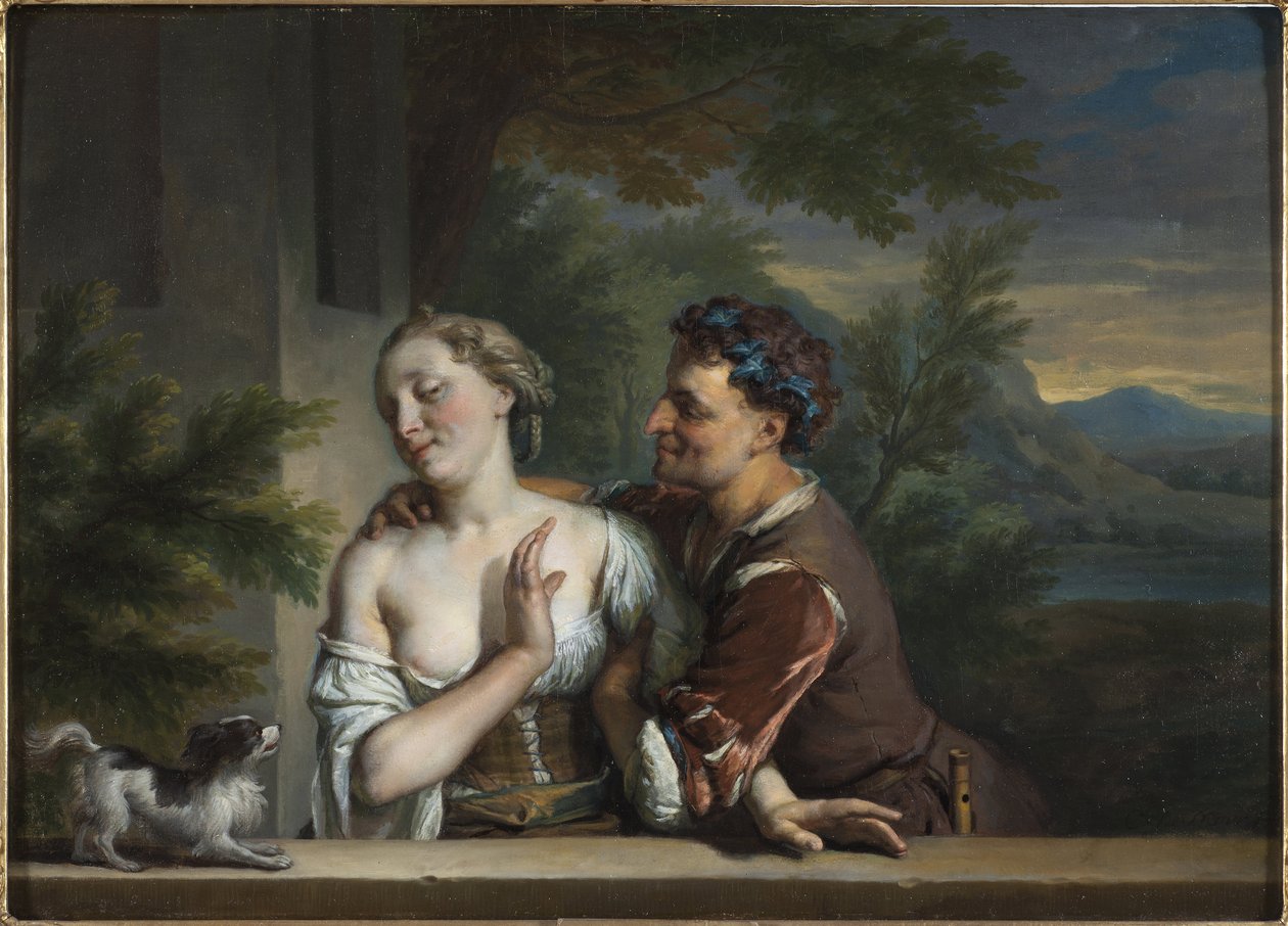En man som försöker omfamna en kvinna, av Carel (Charles) de Moor (1656-1738). Olja på duk. Mått: 33,5x47cm. Nationalmuseum Stockholm av Carel De Moor
