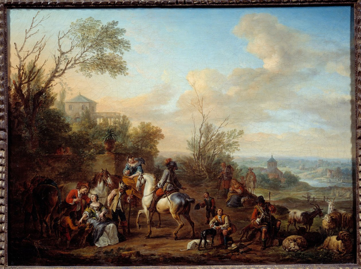 Jägarnas stopp Målning av Carel Van Falens (1683-1733) 1700-talet sön. 0,45x0,6 m av Carel van Falens or Valens