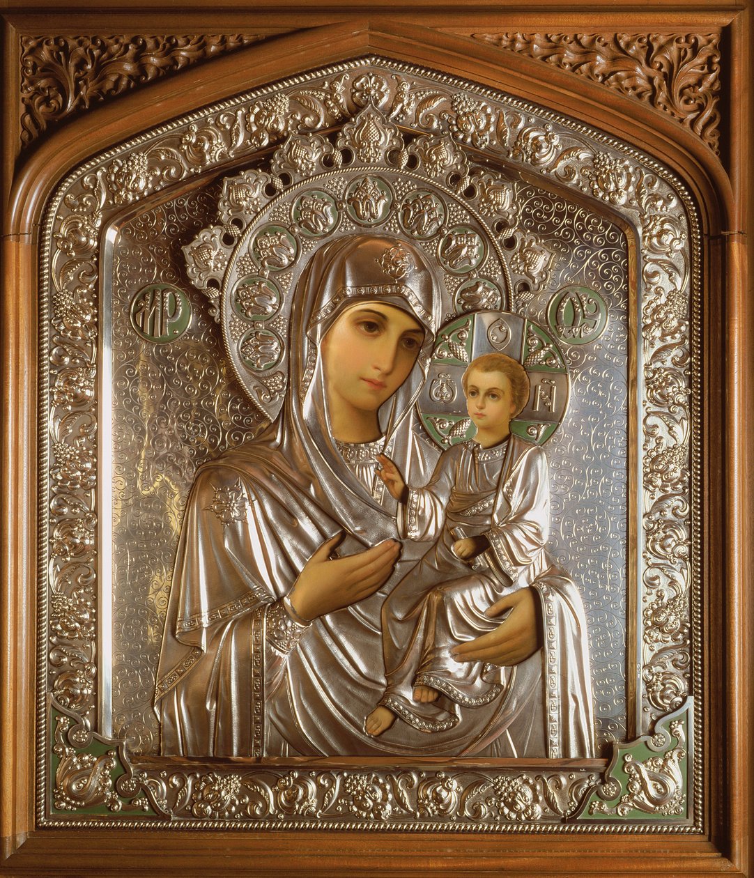 Ikon av den välsignade jungfrun och Jesusbarnet, 1908 (olja på bräda och silver) av Carl Fabergé