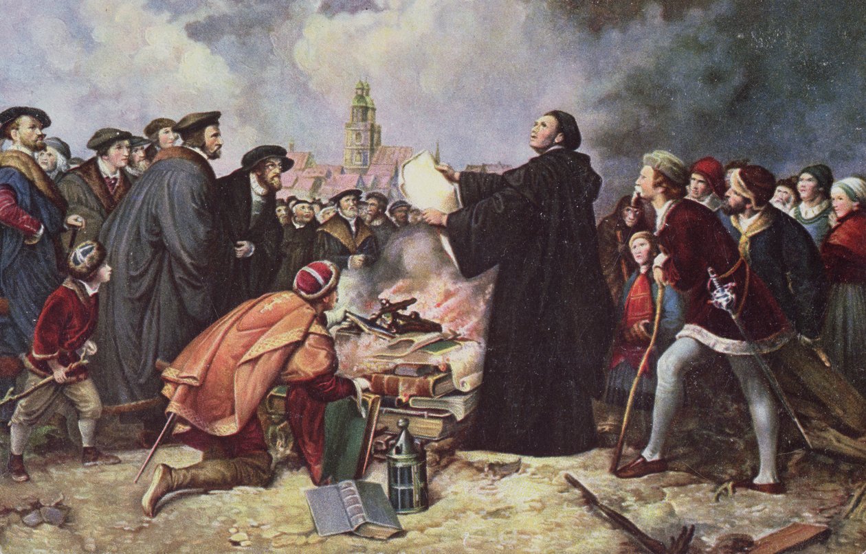 Martin Luther (1483-1546) Bränna den påvliga tjuren av Carl Friedrich Lessing