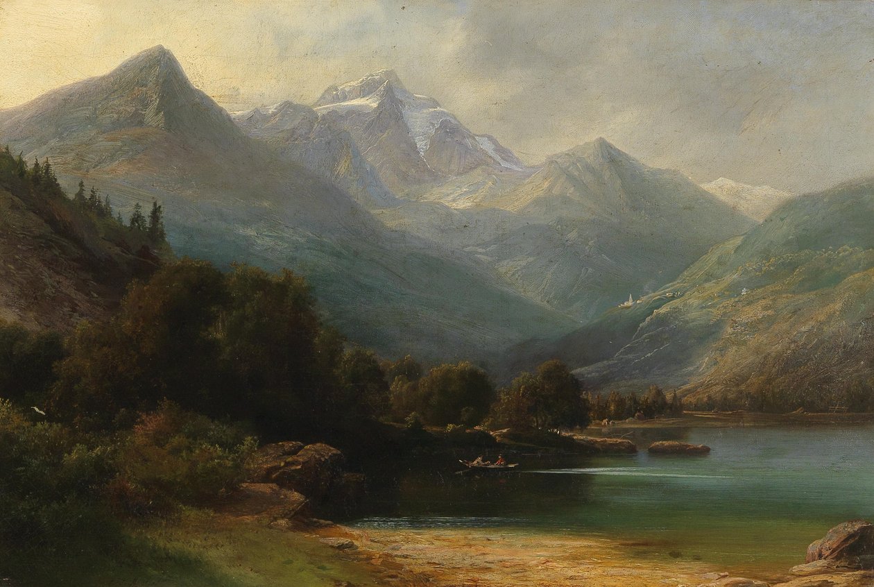 Utsikt över Lago di Poschiavo med Bernina Range (Graubünden) av Carl Friedrich Seiffert