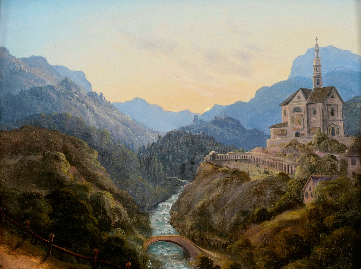 Kvällsbergslandskap med floddal och klosterkomplex av Carl Gustav Carus