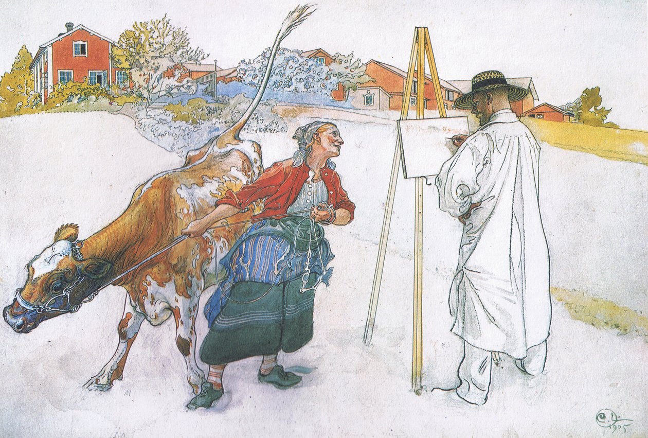 Med kom Joanna och ledde kon Blomma av Carl Larsson