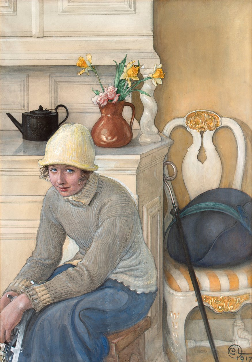 Girl with ice skates, interior from the school household, Falun 1917 av Carl Larsson
