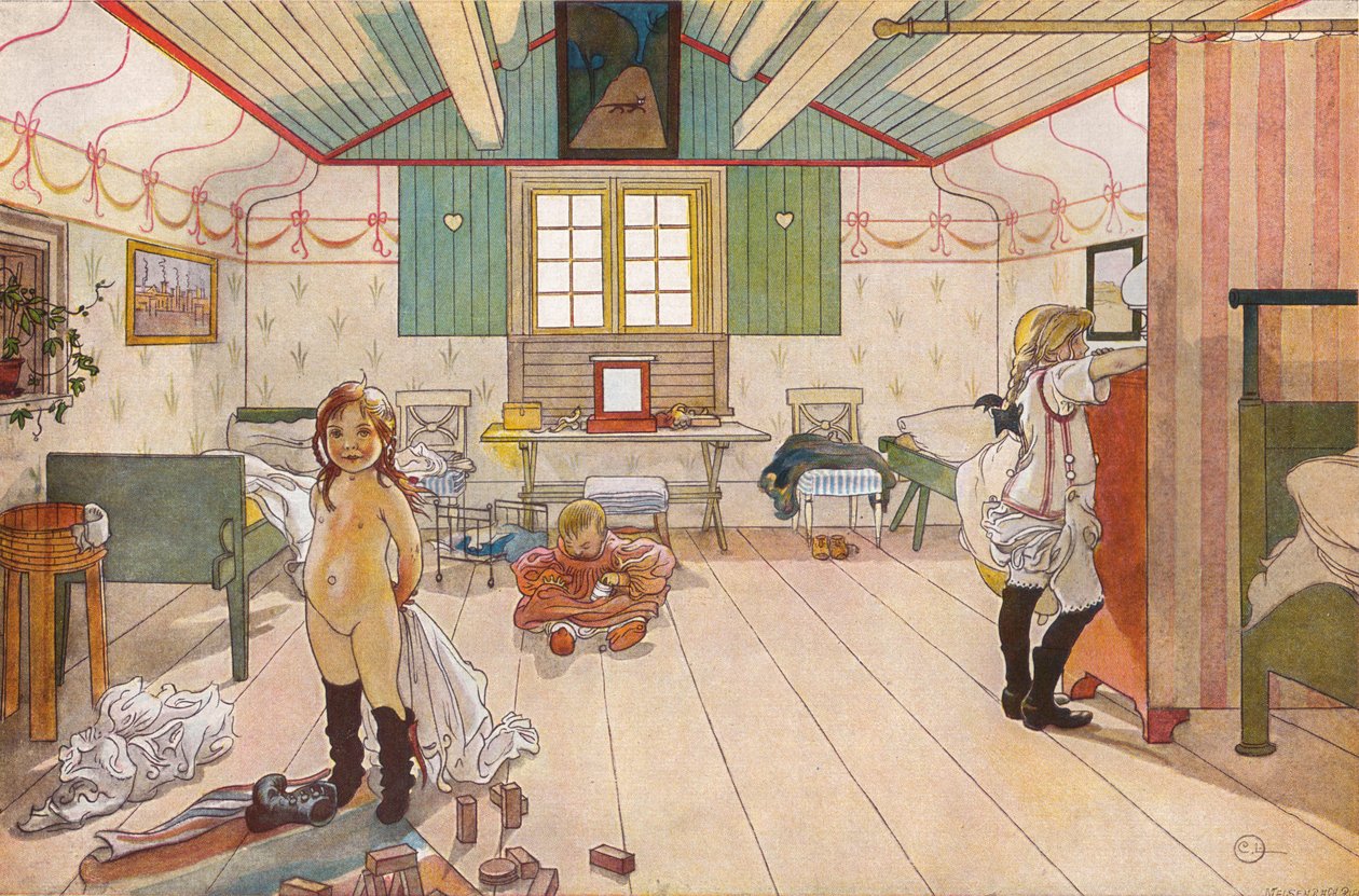 Im Schlafzimmer der kleinen Mädchen av Carl Larsson