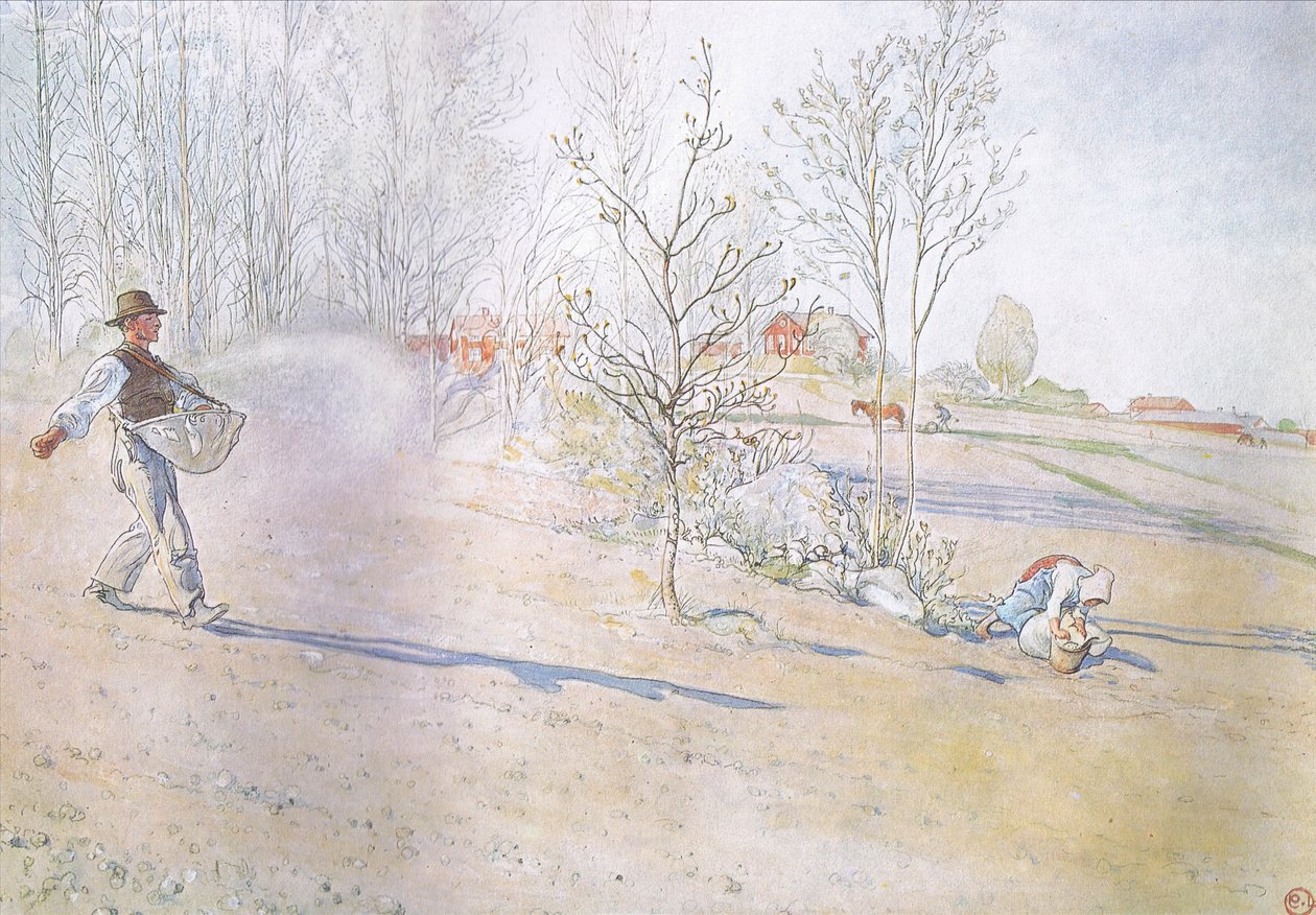 Johan bar havren i en stor öppen väska fäst med remmar av Carl Larsson