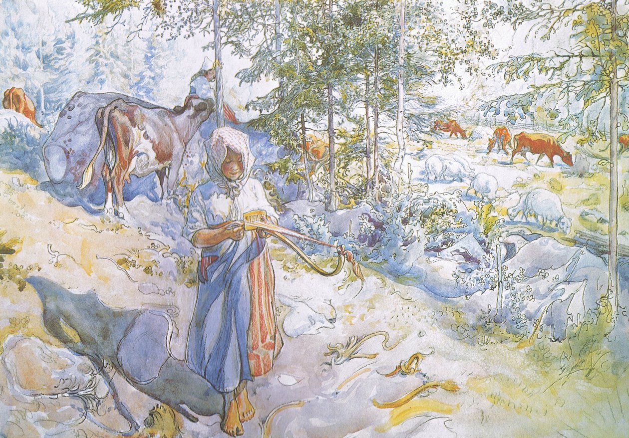 Sist av alla kom lille Kertsi med en pilkvist för att köra korna av Carl Larsson