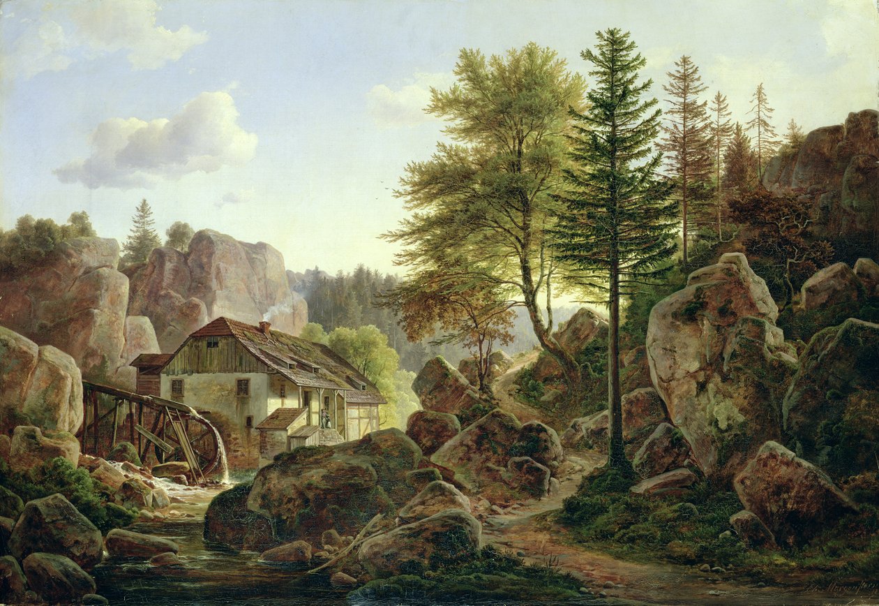 En vattenkvarn i Vogeserna nära Ribanville, 1836 av Carl Morgenstern