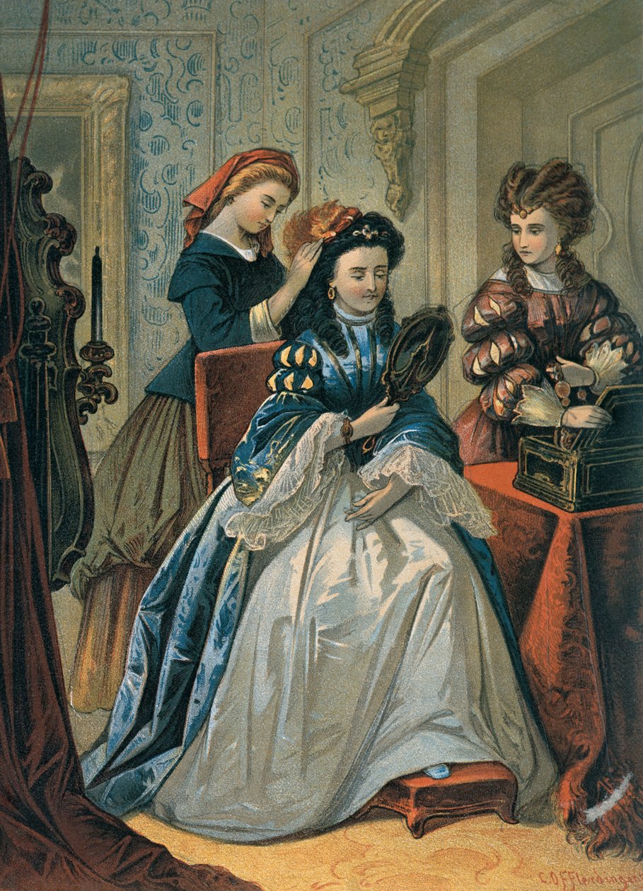 Askungen gör sina systrars hår för balen, illustration för "Askungen" av Charles Perrault (1628-1703) (färggravyr) av Carl Offterdinger