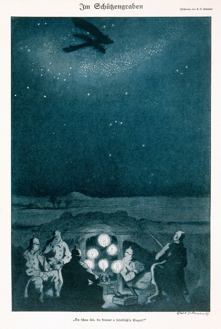 I skyttegravarna, illustration från en tysk tidskrift, Simplicissimus, ca 1915 av Carl Olof Petersen