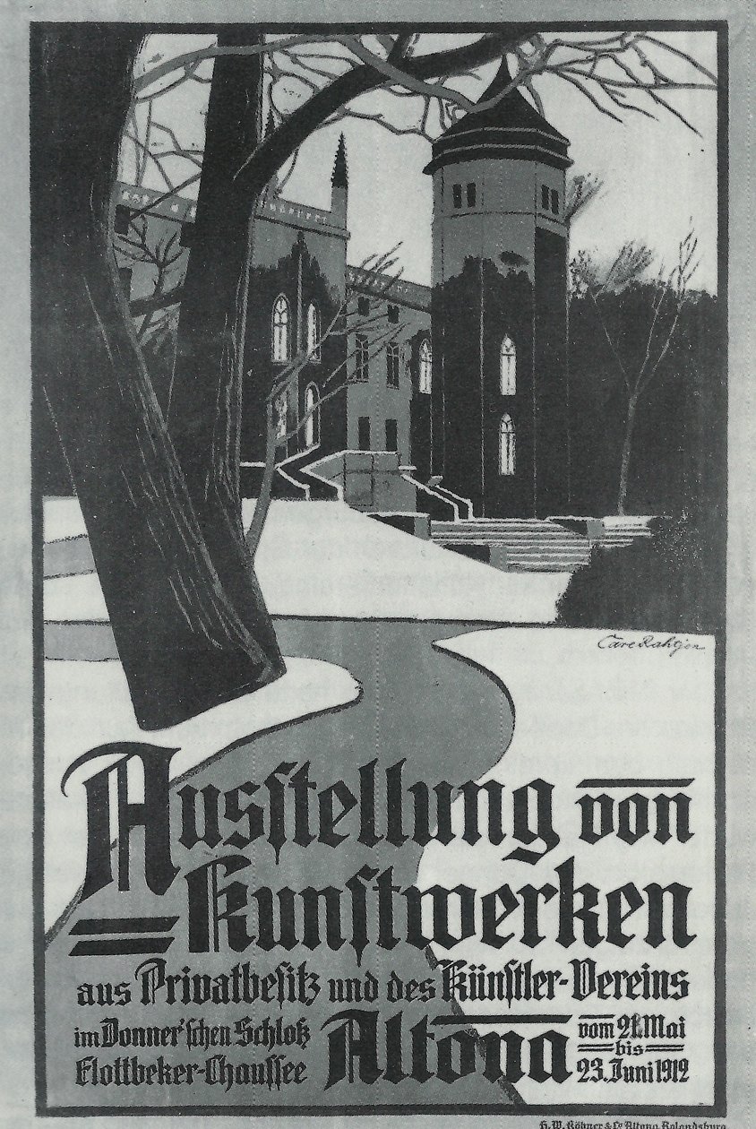 Svartvit illustration av en utställningsaffisch av Carl Rathjen