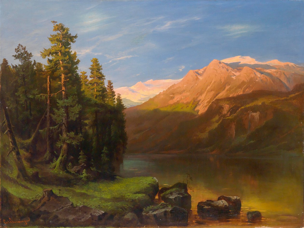 Stort landskap i solnedgången av Carl Schweninger sen.