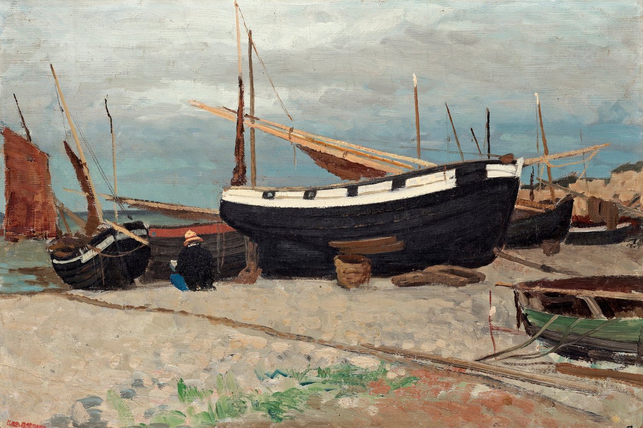Båtar på stranden, kustscen från norra Frankrike av Carl Skånberg