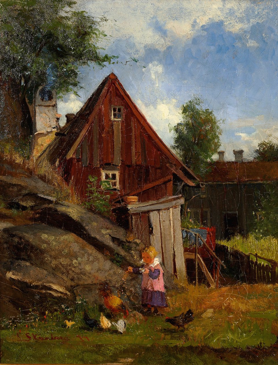 Flicka matar höns av Carl Skånberg