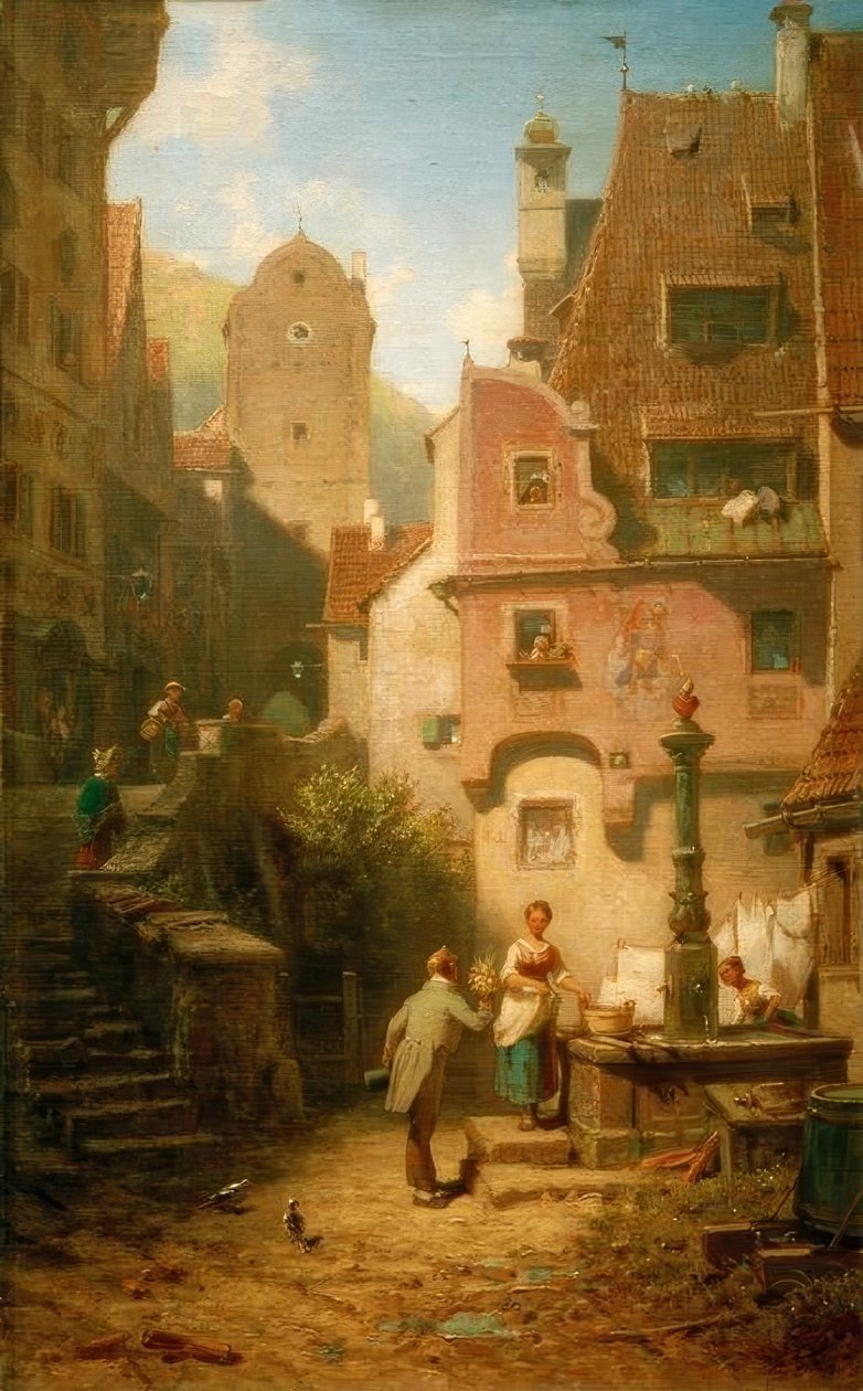 Den välvilliga lämnar över en bukett blommor (Det eviga bröllopet) av Carl Spitzweg