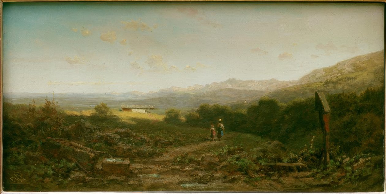 Mjölkerskan med barn på en betesmark i bergen av Carl Spitzweg