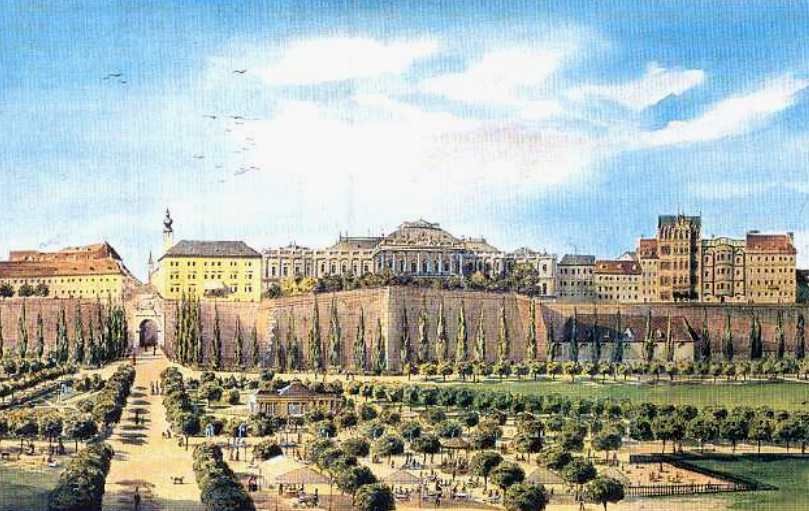  Das Karolinentor mit Wiener Wasserglacis im 19. Jahrhundert av Carl Wenzel Zajicek