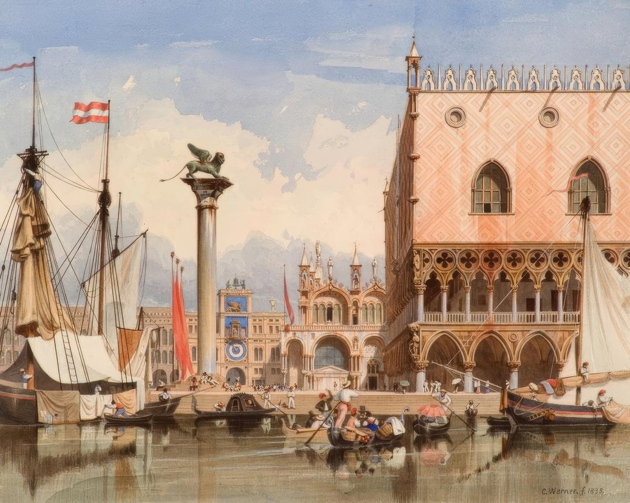 Venedig, segelfartyg framför Dogepalatset / Akvarell av Werner av Carl Friedrich Heinrich Werner