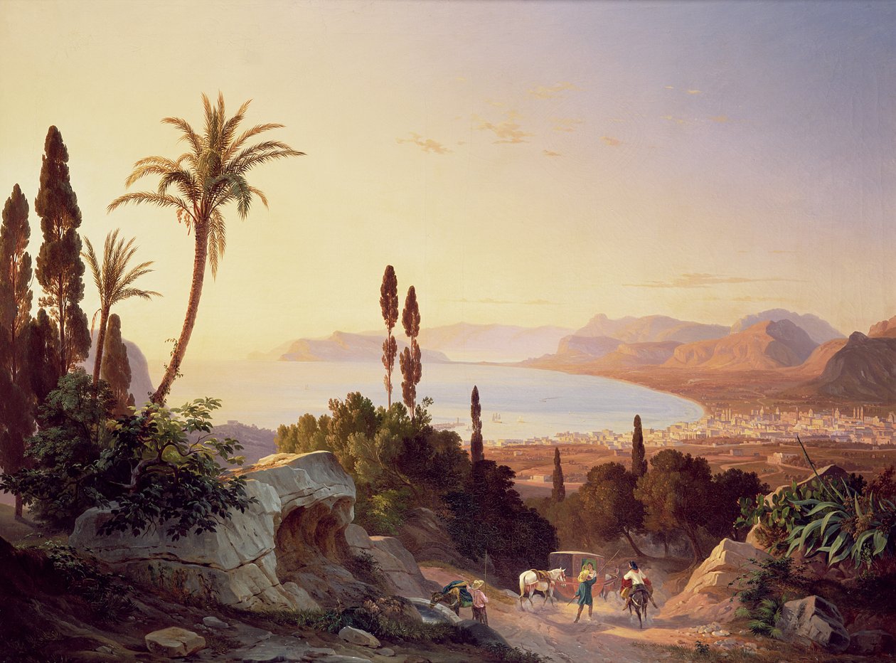 Palermobukten, med utsikt mot Kap Zafferano, ca 1845 av Carl Wilhelm Goetzloff