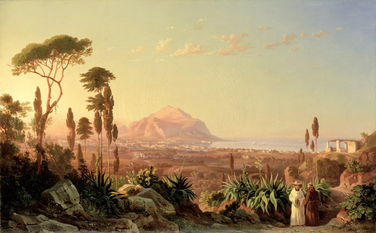 Palermo med berget Pellegrino, ca 1850 av Carl Wilhelm Goetzloff