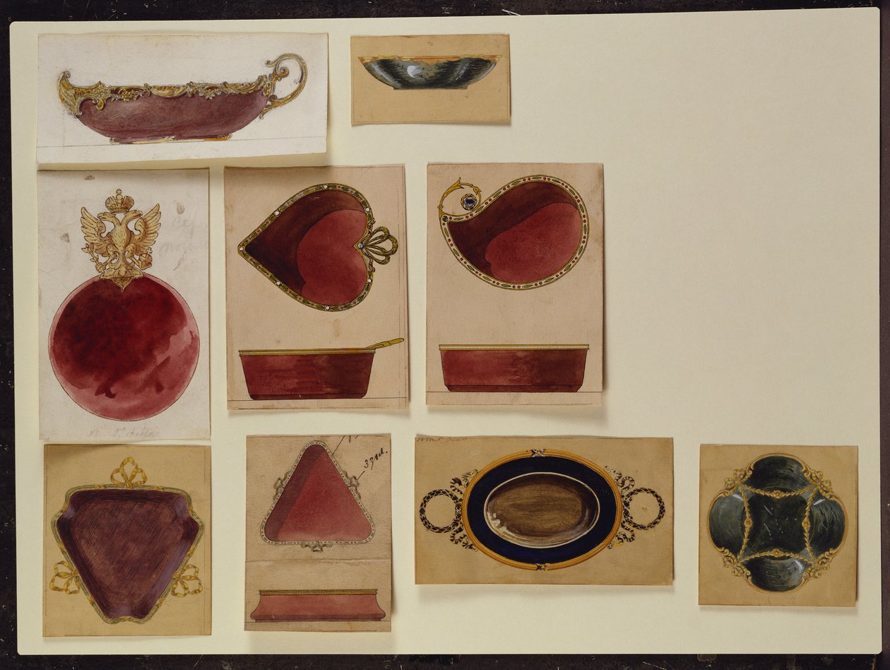 Samling av fatdesigner, House of Carl Faberge (penna och akvarell på papper) av Carl Fabergé