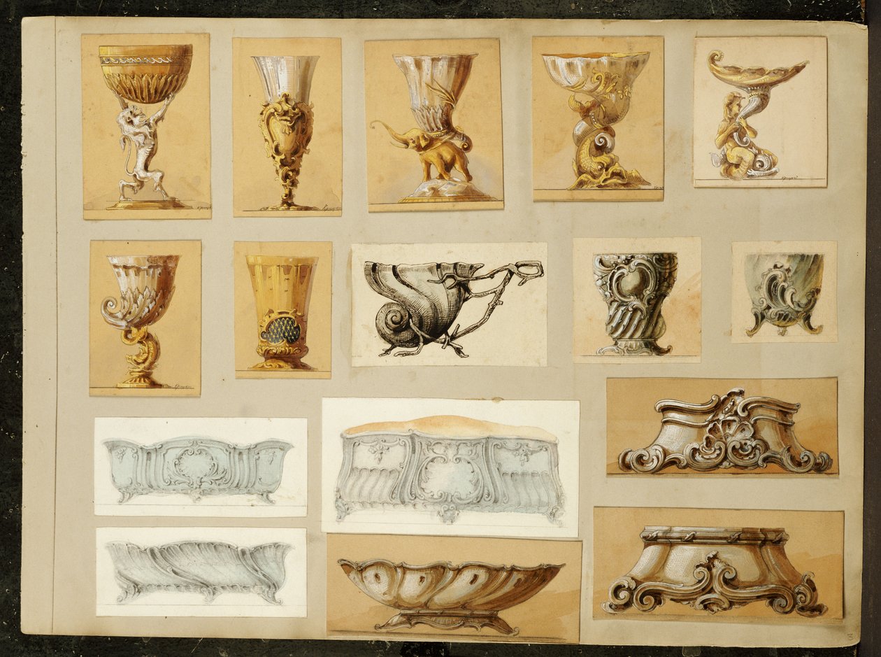 Urval av mönster, House of Carl Faberge (penna och akvarell förhöjda med vitt och guld på kort) av Carl Fabergé