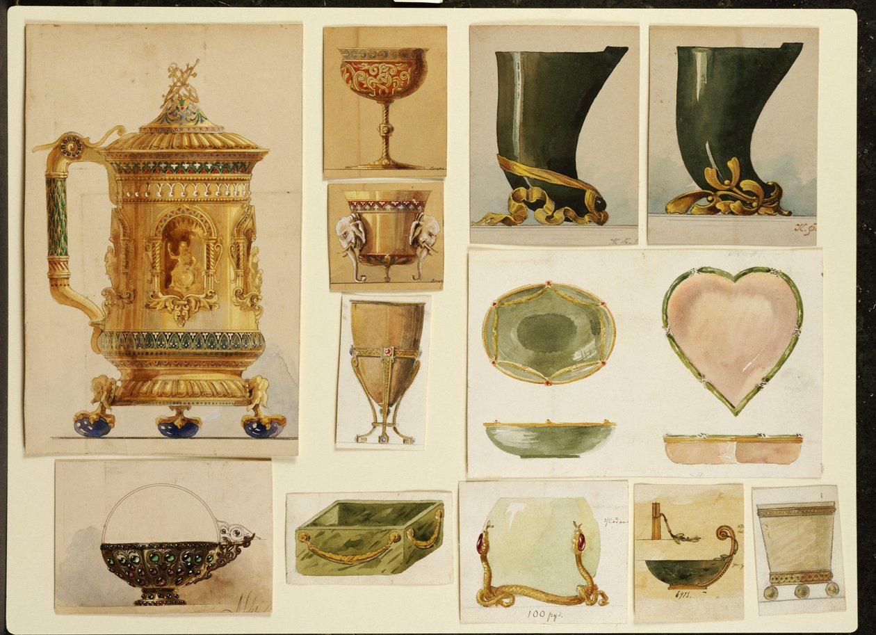 Urval av mönster, House of Carl Faberge (penna och akvarell förhöjda med vitt och guld på kort) av Carl Fabergé