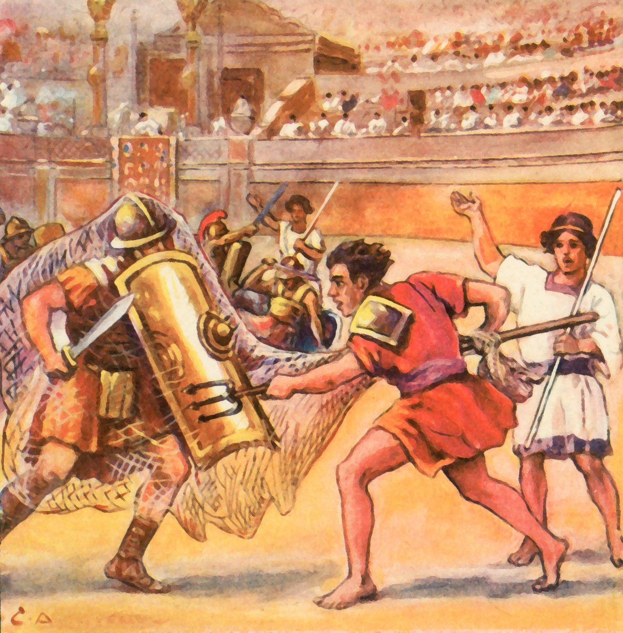 Gladiatorernas kamp (förstärkt färglitografi) av Carl Arriens