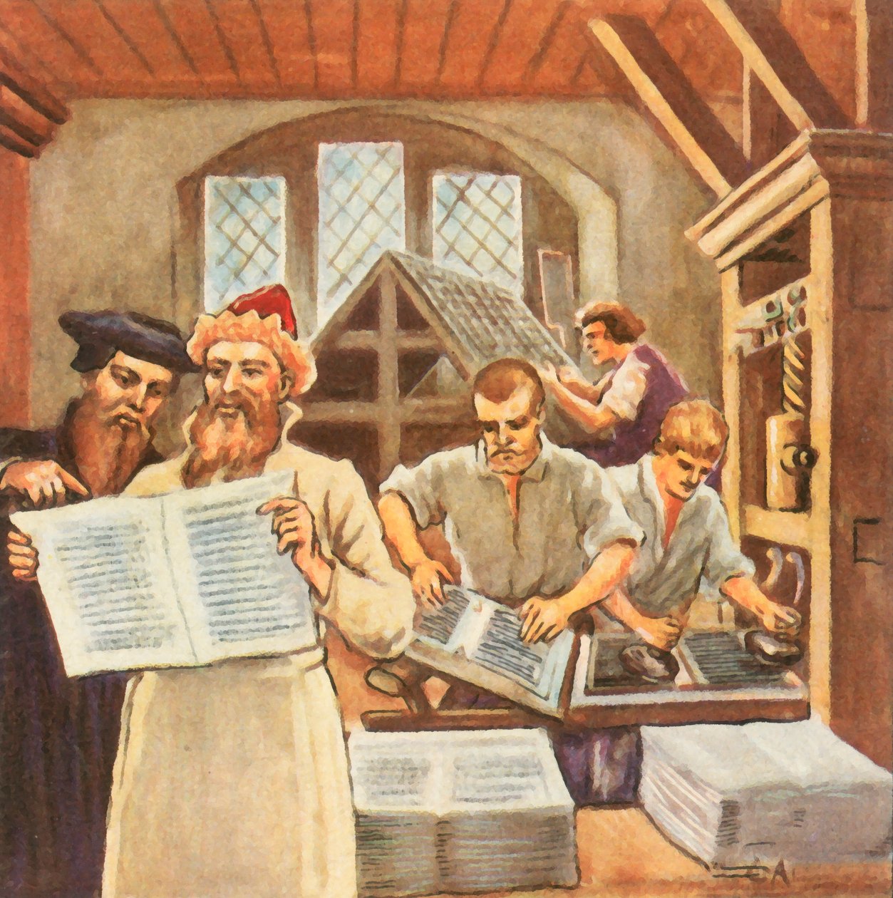 Gutenberg trycker Bibeln (förbättrad färglitografi) av Carl Arriens