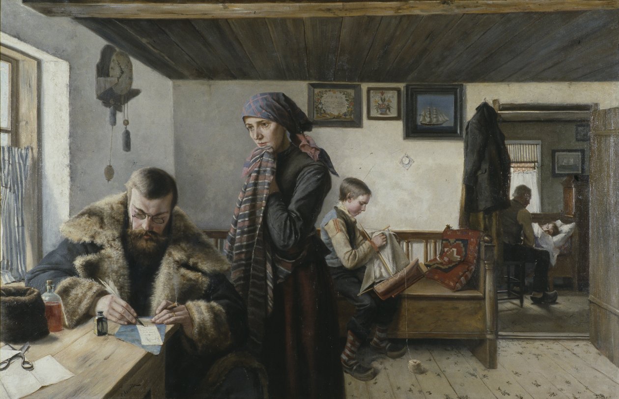 Visite a domicile du docteur - Doctor Home Visit, av Aspelin, Karl (1857-1932). Olja på duk. Mått: 137,5x212 cm. Nationalmuseum Stockholm av Carl Aspelin