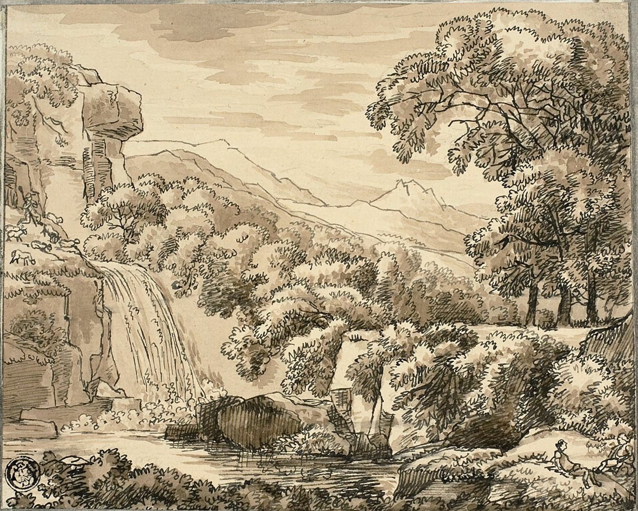Bergslandskap med vattenfall och figurer av Carl August Lebschee