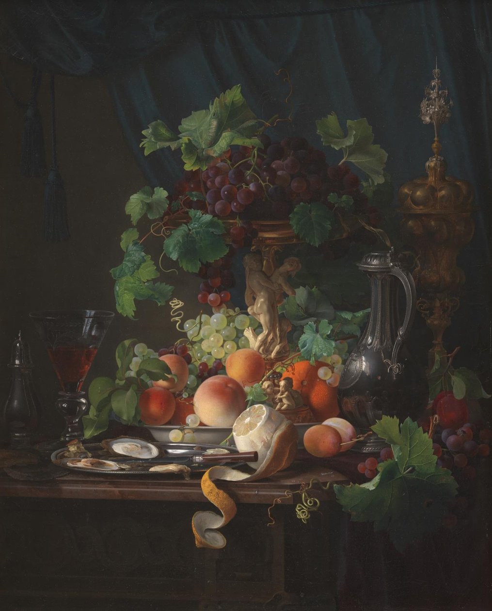 Arrangemang med vinglas, ostron, citron och andra frukter av Carl Balsgaard