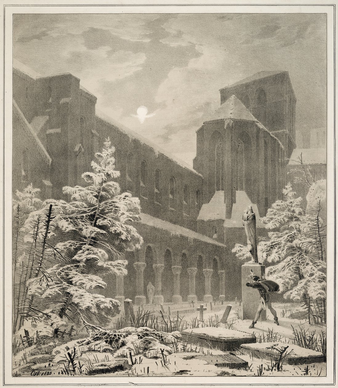 Kyrka och kyrkogård i snön vid månsken av Carl Blechen