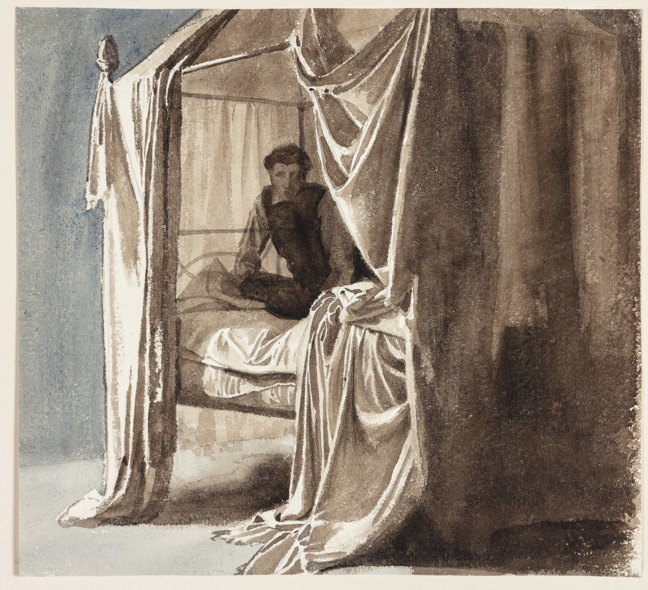 En säng med hängen. Studie till bilden "Niels Ebbesen och greve Gert" utställd 1868 av Carl Bloch