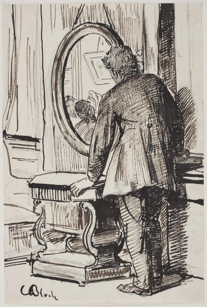 En ung man tittar på tre kvinnor i en spegel av Carl Bloch