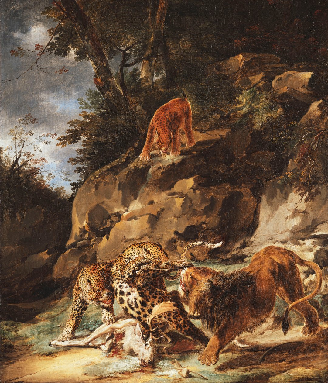 Ett lejon driver ett par leoparder från en död hjort, av Carl Borromaus Andreas Ruthart