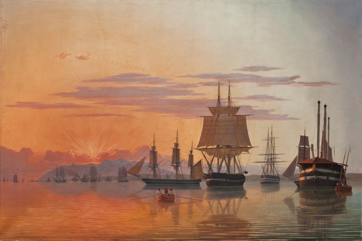 Fregatten Thetis och korvetten Flora på floden Tejo, 1844. av Carl Dahl