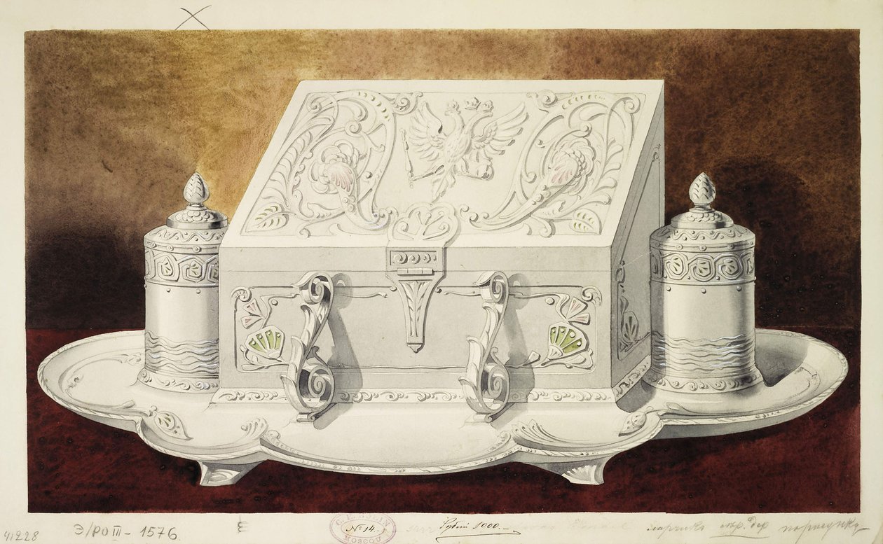 Design av ett bläckställ format som en kista. Serien Storprinsessan Maria Pavlovnas hemgift, 1 av Carl Edvard Bolin company