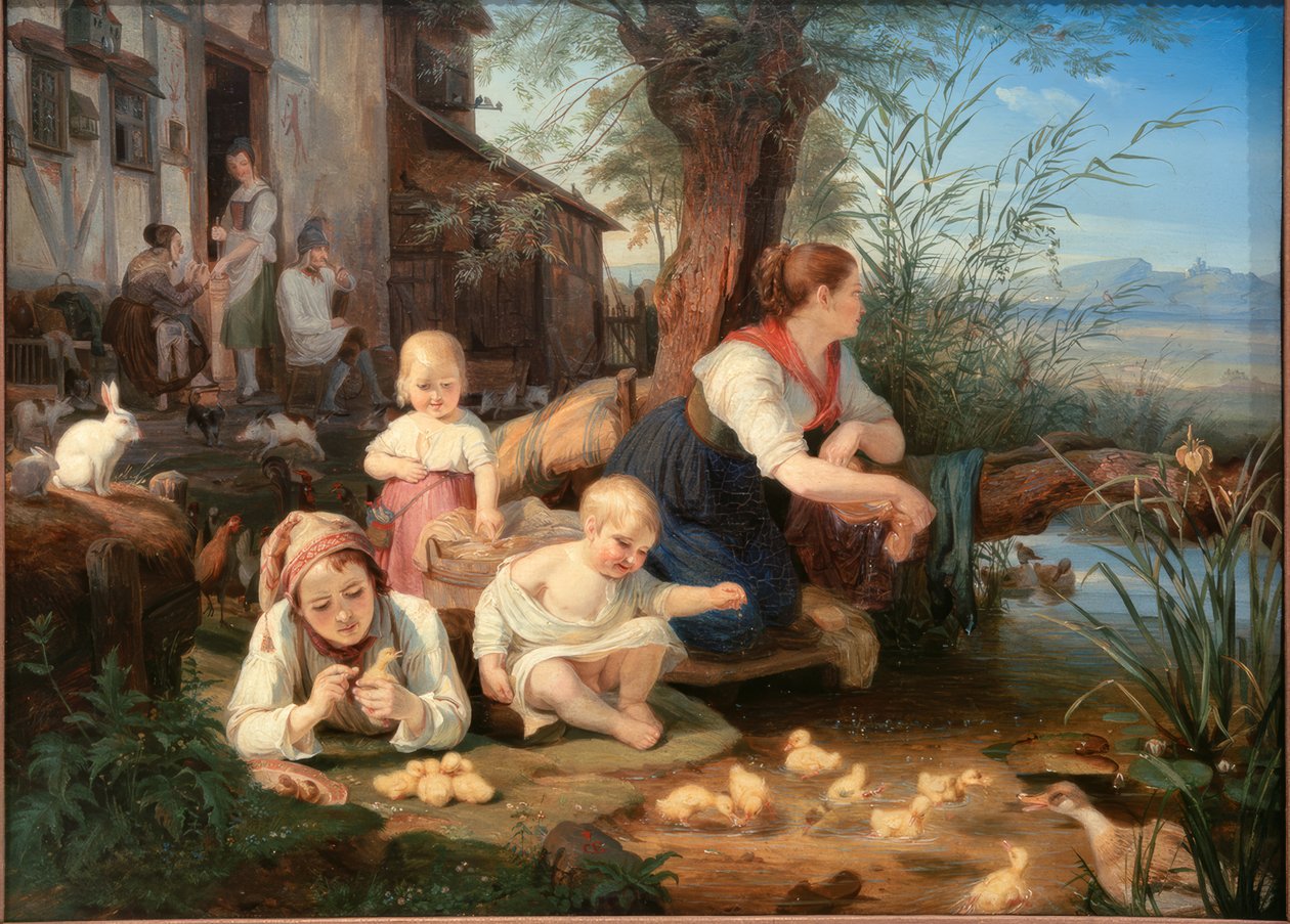 Mamma med barn vid bydammen av Carl Engel von Rabenau