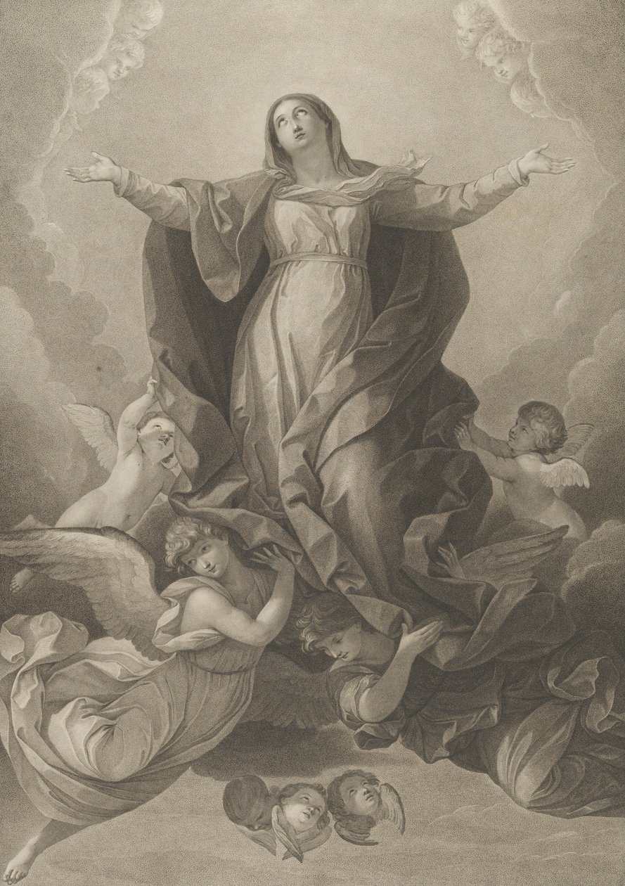 Jungfruns antagande, som reser sig med utsträckta armar, änglar som stödjer henne från..., 1792. av Carl Ernst Christoph Hess