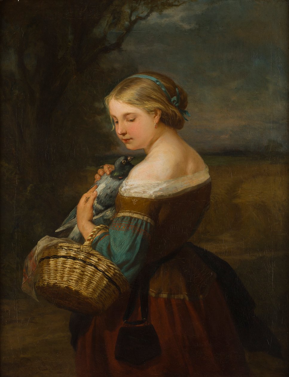 Porträtt av en bondflicka med en duva (olja på duk) av Carl Ernst Ludwig Wagner