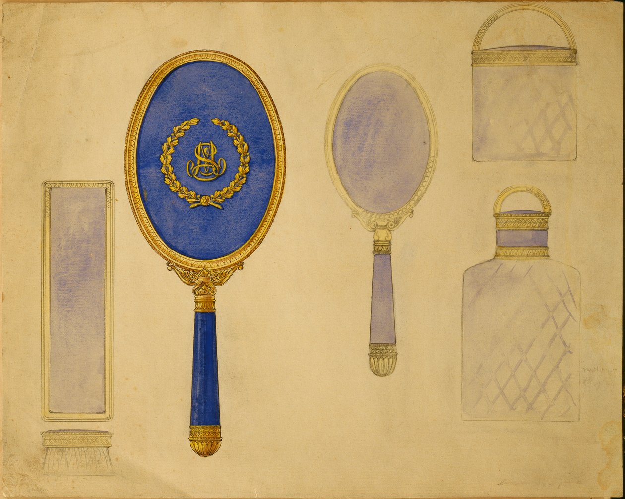 Ett urval av mönster från House of Carl Faberge inklusive en oval handspegel, en mindre spegel och två monterade flaskor av Carl Fabergé