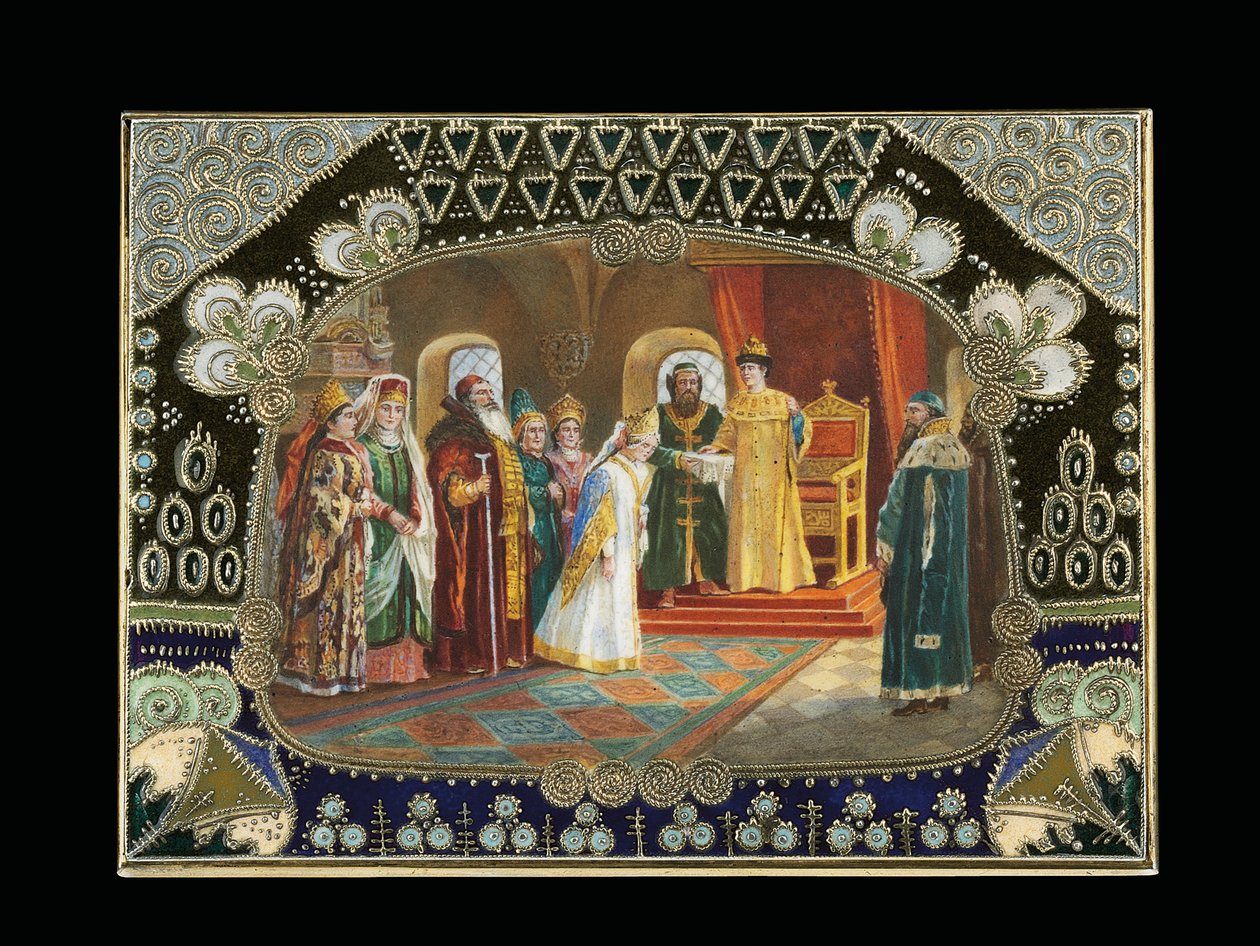 Detalj av den målade kartuschen från en bordslåda, föreställande tsar Alexei Mikhailovich som väljer en brud, ca 1908-1917 av Carl Fabergé