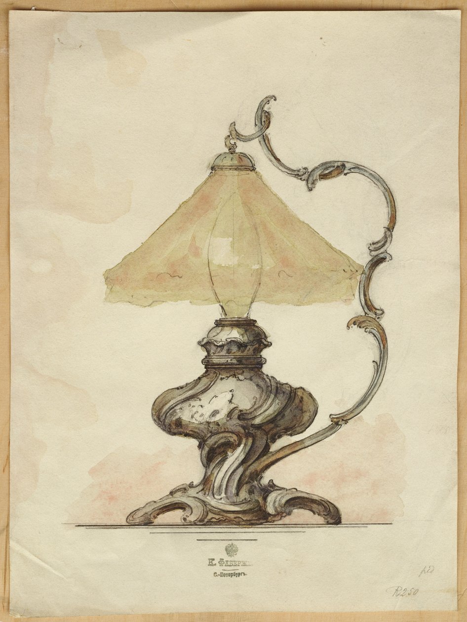 Teckning på en bordslampa i silver med tvinnad räfflad kropp i rokokostil, House of Carl Faberge av Carl Fabergé