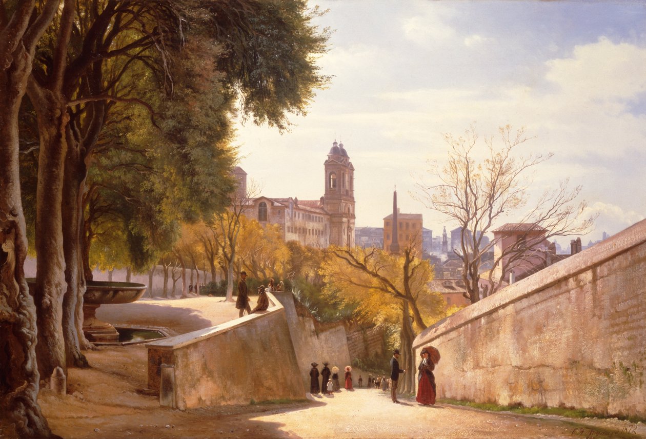 Utsikt över Viale Trinità dei Monti med Villa Medicis fontän, sett från Via di San Sebastianello, Rom av Carl Frederick Aagaard