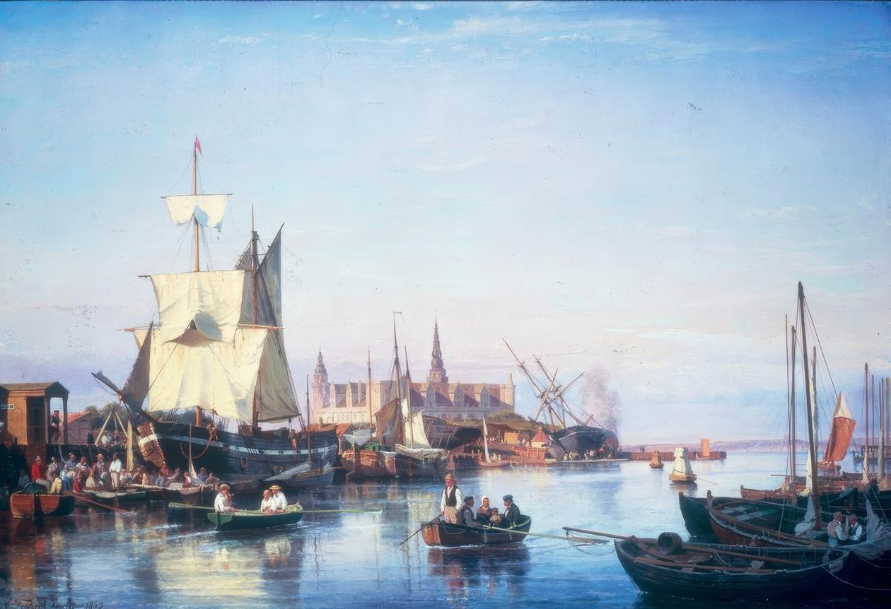 Helsingörs hamn med Kronborgs slott av Carl Frederik Sorensen